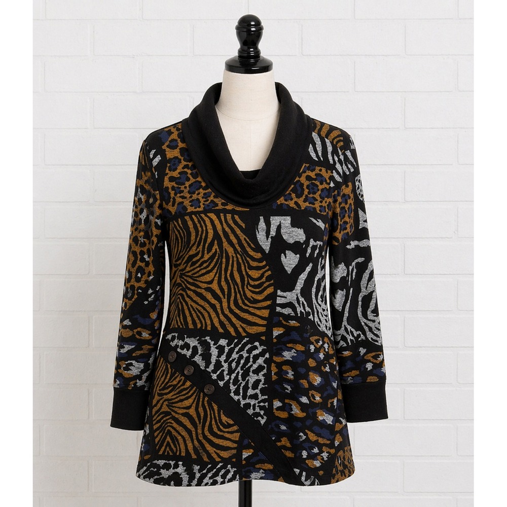 Ali Miles Top Womens S Black Multicolor Animal Print Cowl Neck 3/4 Sleeve